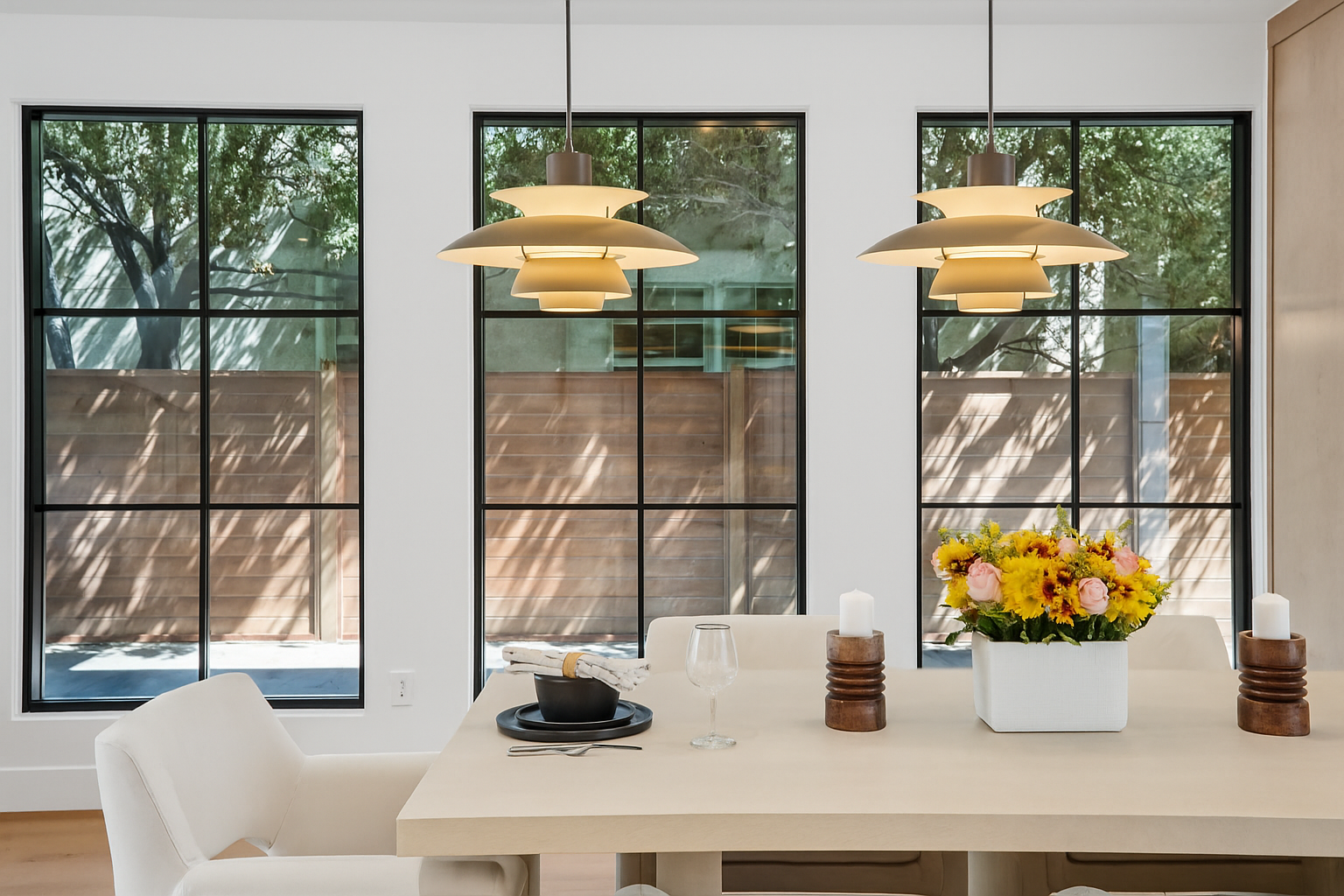 The dining area is framed by three large windows, that although face south, are in shaded by trees.