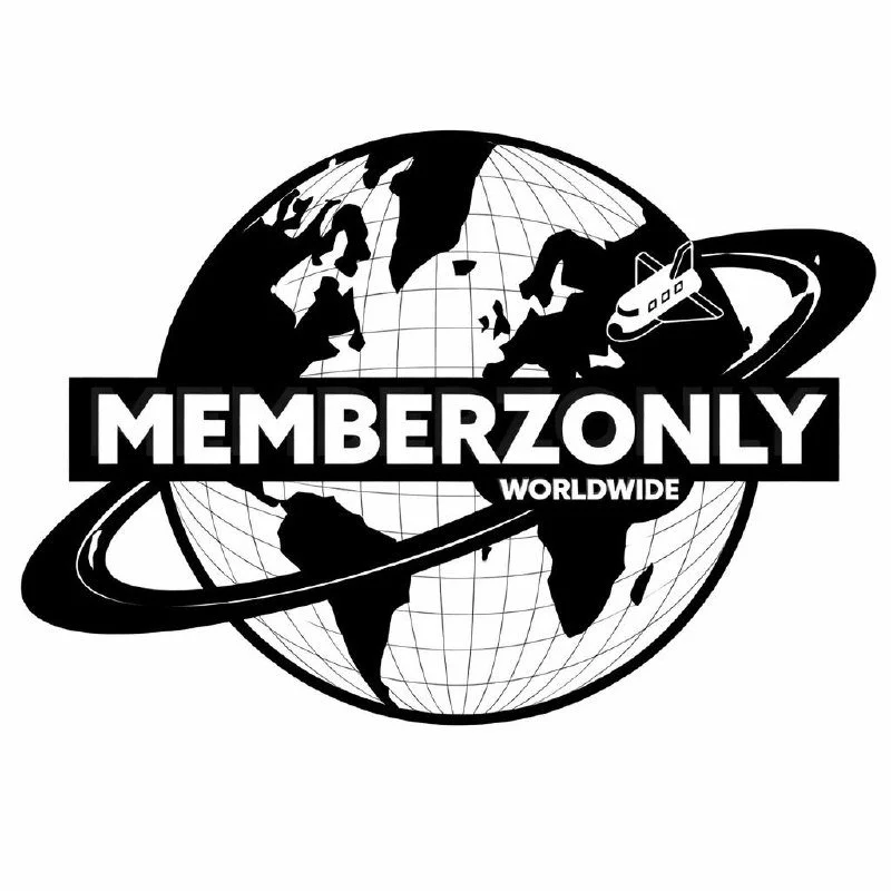 A globe depicting continents with an orbiting airplane logo, with large text 'MEMBERZONLY' across the center and smaller text 'WORLDWIDE' underneath.
