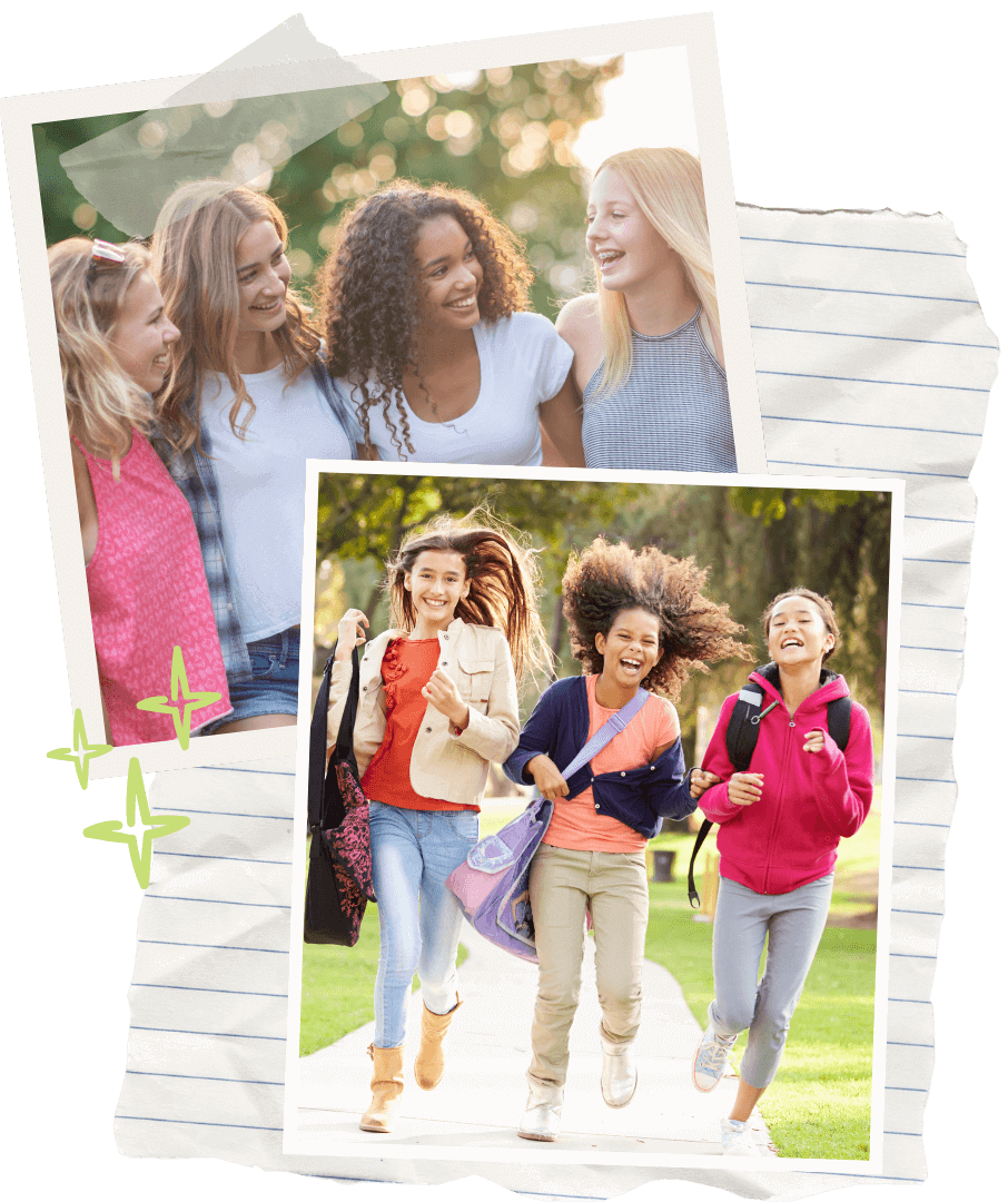 collage of notebook paper and photos of teen girls smiling on a walk