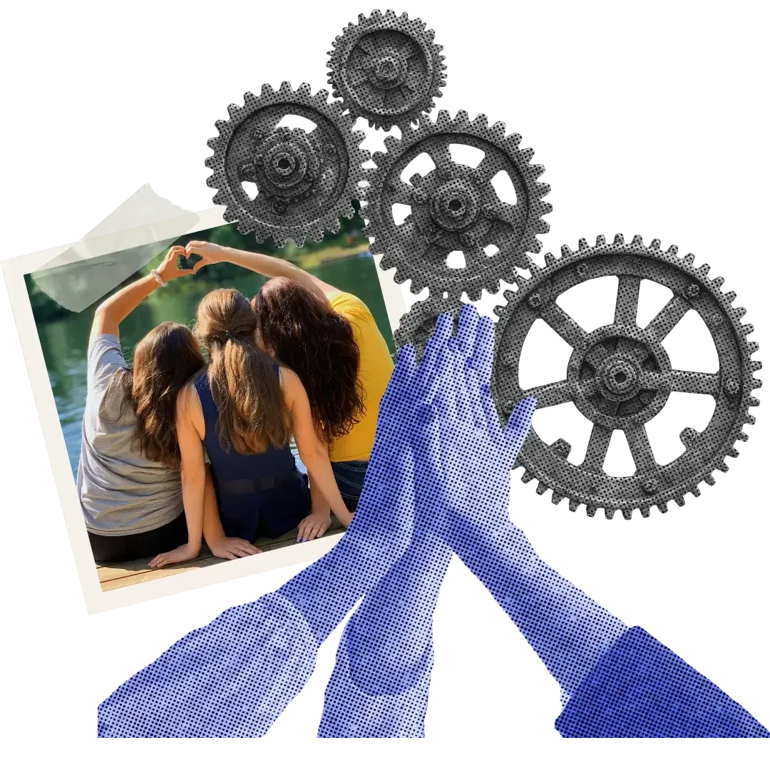 collage of hands high fiving, gears, and a photo of three girls sitting on a dock