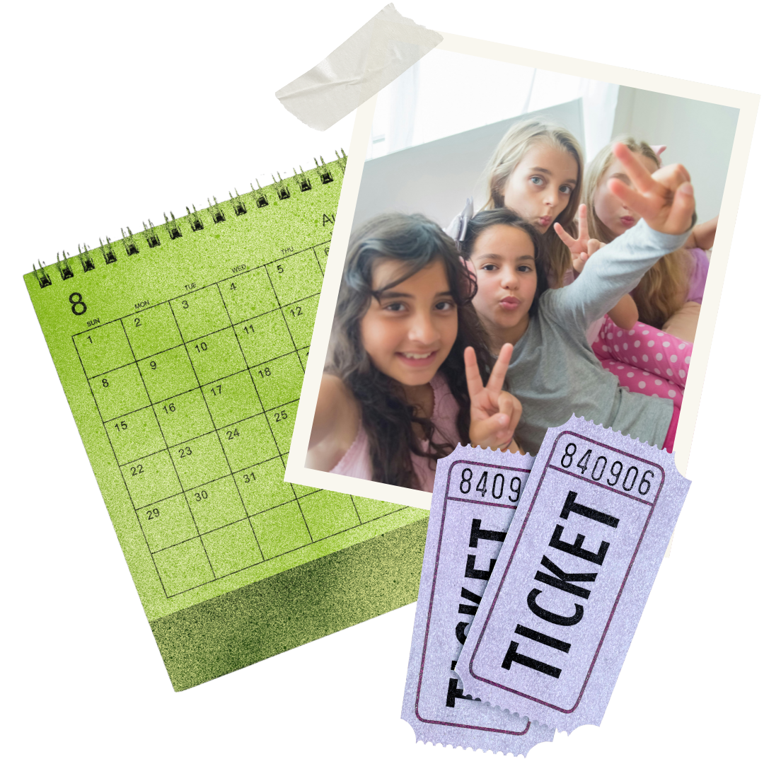 collage of calendar graphic, ticket, and group of girls