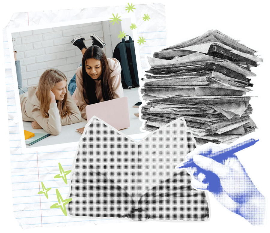 collage of images or a book, stack of papers, and two girls studying