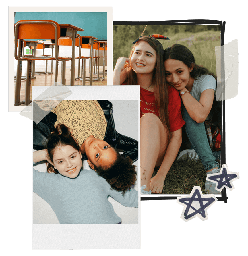 collage including photos of school desks and teen girls