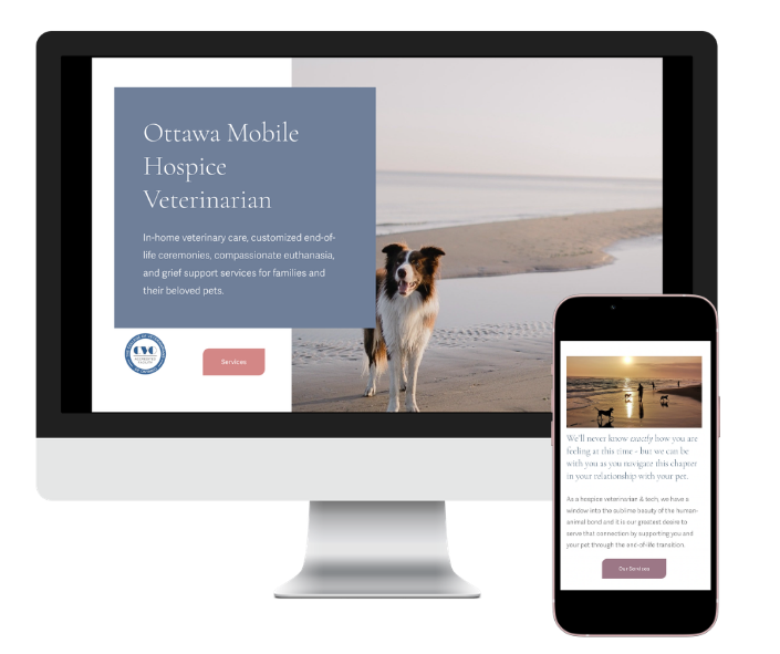 Ottawa's Butterfly Vet, Mobile Vet Website designed and seo optimized by Elle Odyn. Photo of a website with dogs on it at sunset.