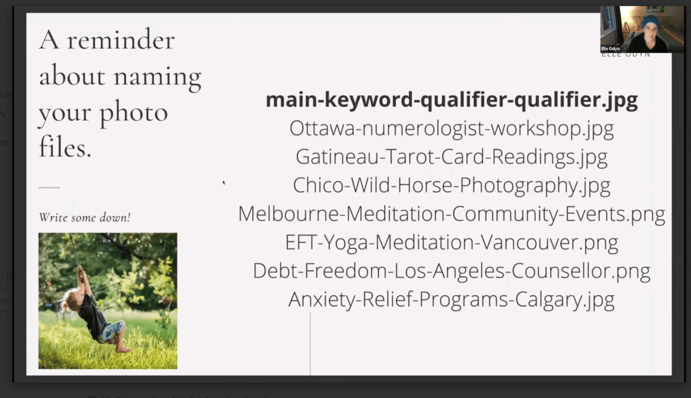 A screenshot from an online SEO image optmization workshop with Elle Odyn. You can see her head in the corner from old zoom meetings.