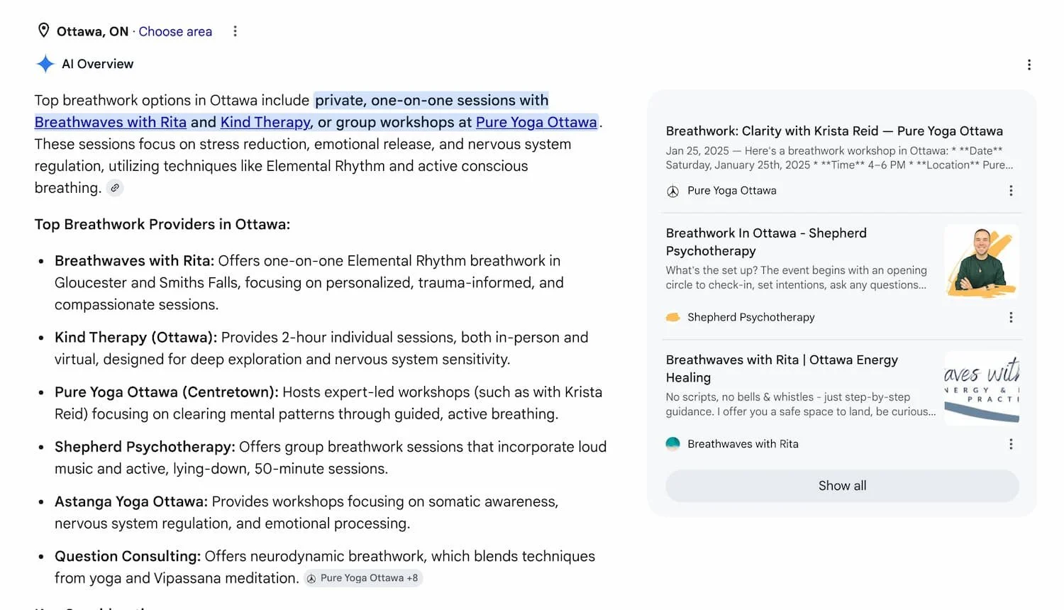 Google AI Overview listing Breathwaves with Rita as a top Ottawa breathwork provider after SEO copywriting optimization by Elle Odyn