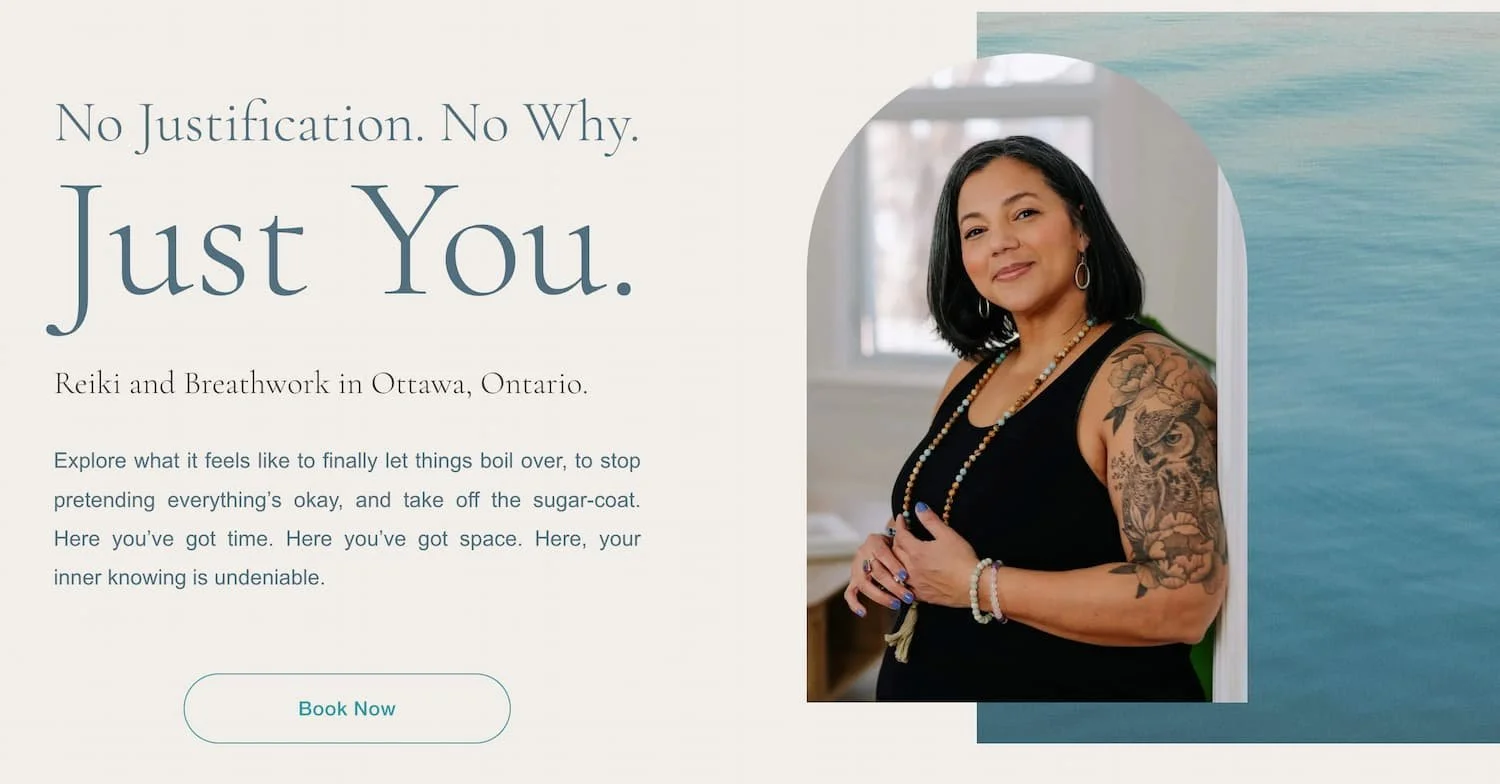 Rita Tapia of Breathwaves with Rita Ottawa breathwork and Reiki website homepage designed by Elle Odyn SEO copywriter Ottawa. Waves, a woman in a black tank top and text on the screen.