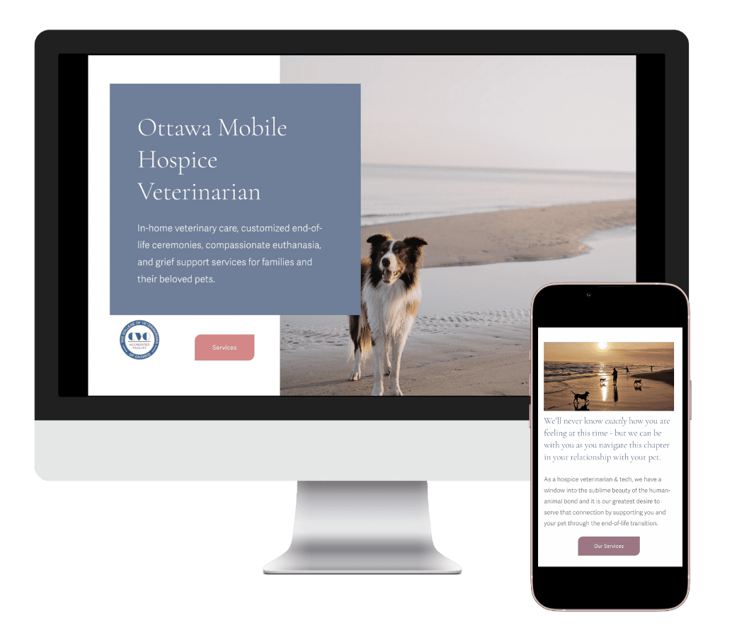 Ottawa Mobile Hospice Vet Homepage website shown in a large computer screen. Calm and peaceful.