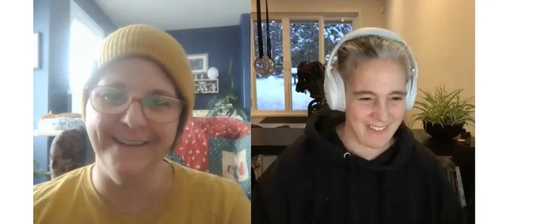 Real client testimonial photo of Elle and woman in yellow hat and yellow shirt. Elle is wearing earphones and a black sweatshirt.