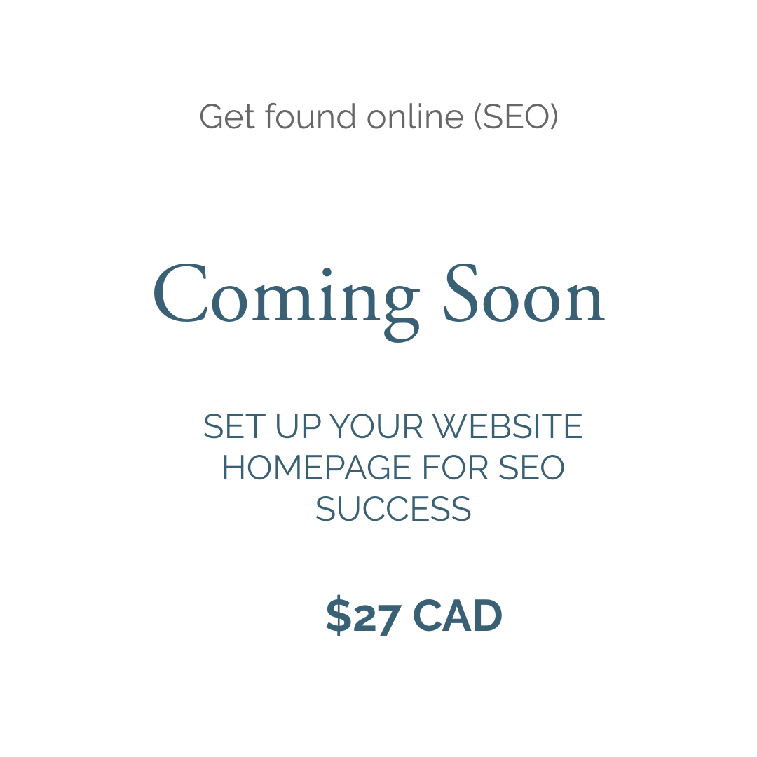Plain text photo reads: get found online (seo) coming soon, set up your website homepage for seo success $27 CAD.