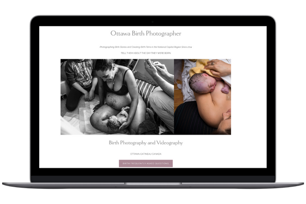 A website homepage with Ottawa Birth photographer written on it with two images. One image is in black and white of a newborn baby in mom's lap after birth. The second is of newborn baby on mom's chest right after birth.