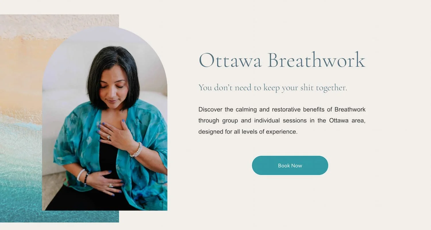 Rita Tapia Ottawa breathwork facilitator Breathwaves with Rita website hero image on website designed by Elle Odyn. Blue and black text and a blue button with woman on front.