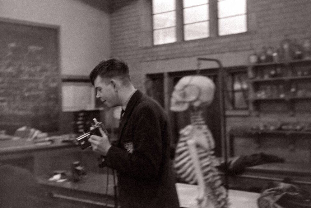 Weaver and friend in the Chemistry lab, Bablake School, Coventry at the end of 1955