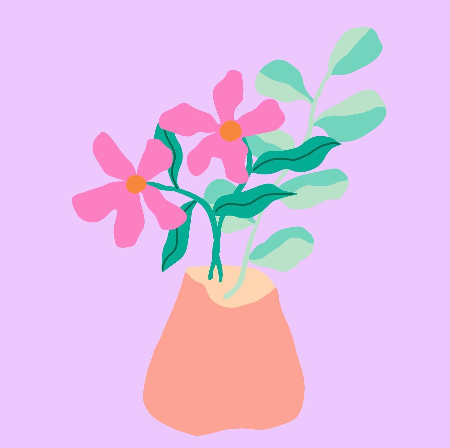 More flowers, these colours are perfection together 😍🌸💜

[ID: charmingly wobbly pink flowers with green leaves sit in front of a branch with two toned leaves in a pinky vase on a background of luscious lilac purple. Drawn by the Dopamine Designer,
