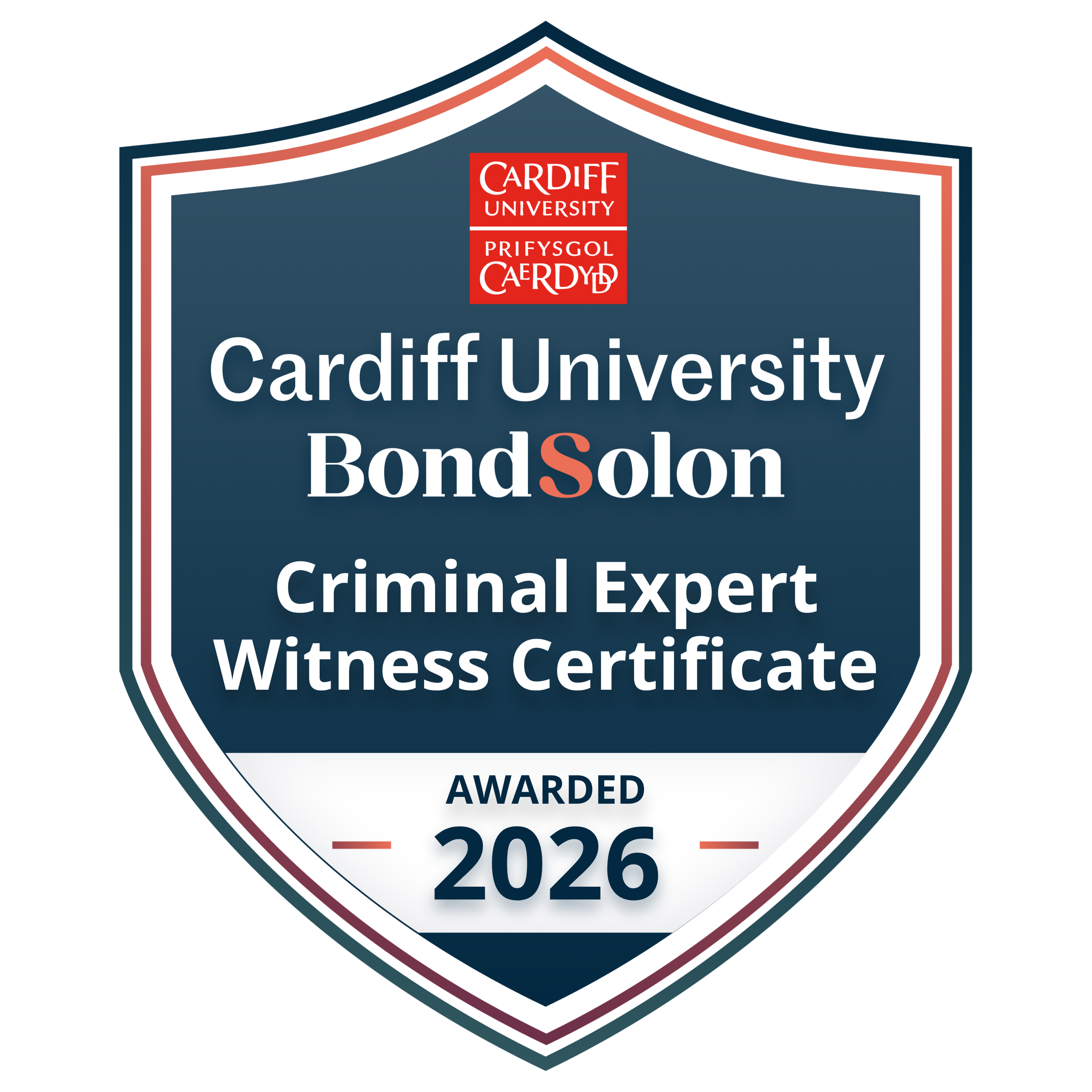A badge with the text 'Cardiff University Bond Solon Criminal Justice Witness Certificate 2026 awarded' in white and red on a dark blue background.