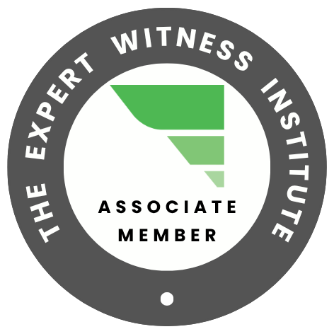 A circular badge with a dark gray outer ring and white inner circle. The outer ring has white text that reads 'The Expert Witness Institute.' Inside, the white circle features a green stylized 'F' logo. Below the logo, black text reads 'Associate Member'.
