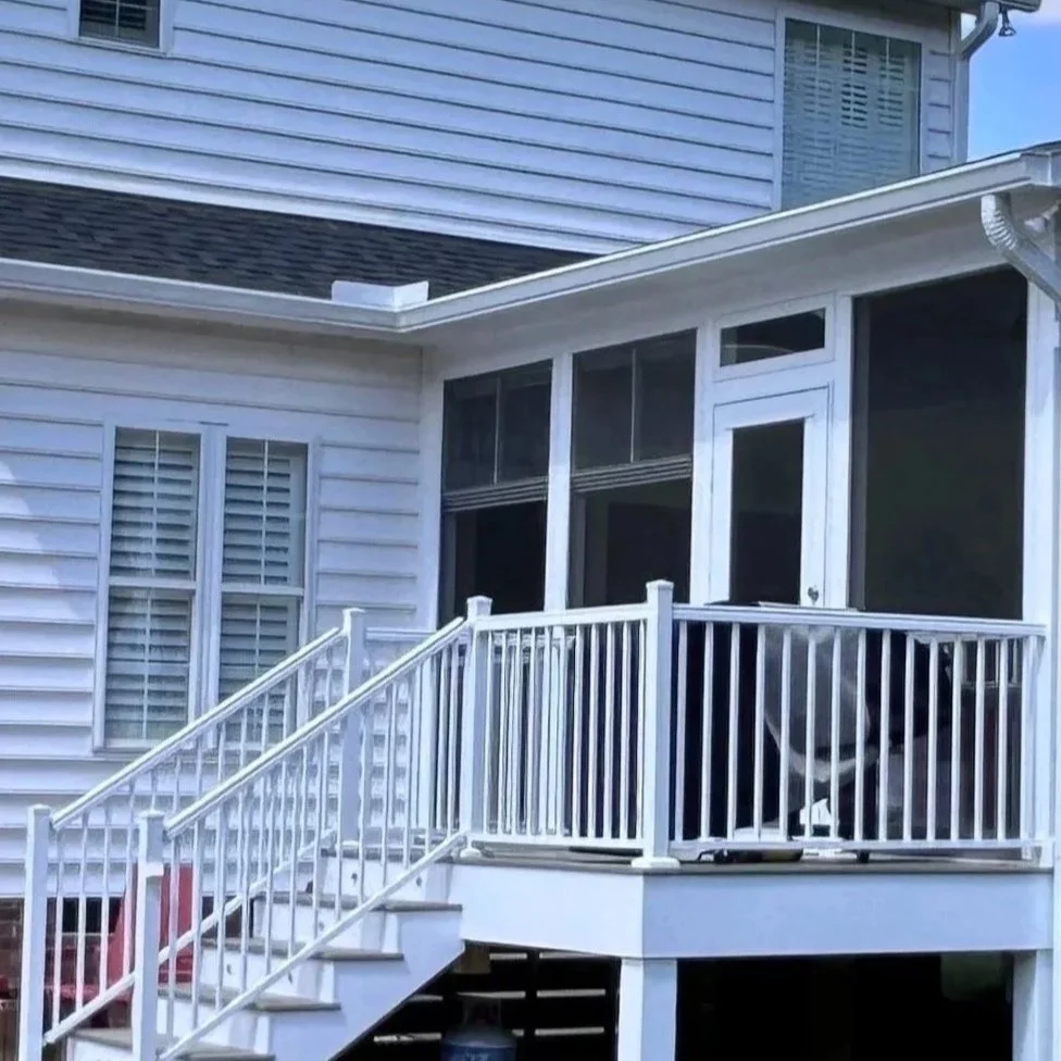 8 x 8 grilling deck completed in Wendell, NC. Fully complete with composite decking, white aluminum rails, and a PVC fascias wrap for the lowest maintenance possible. 