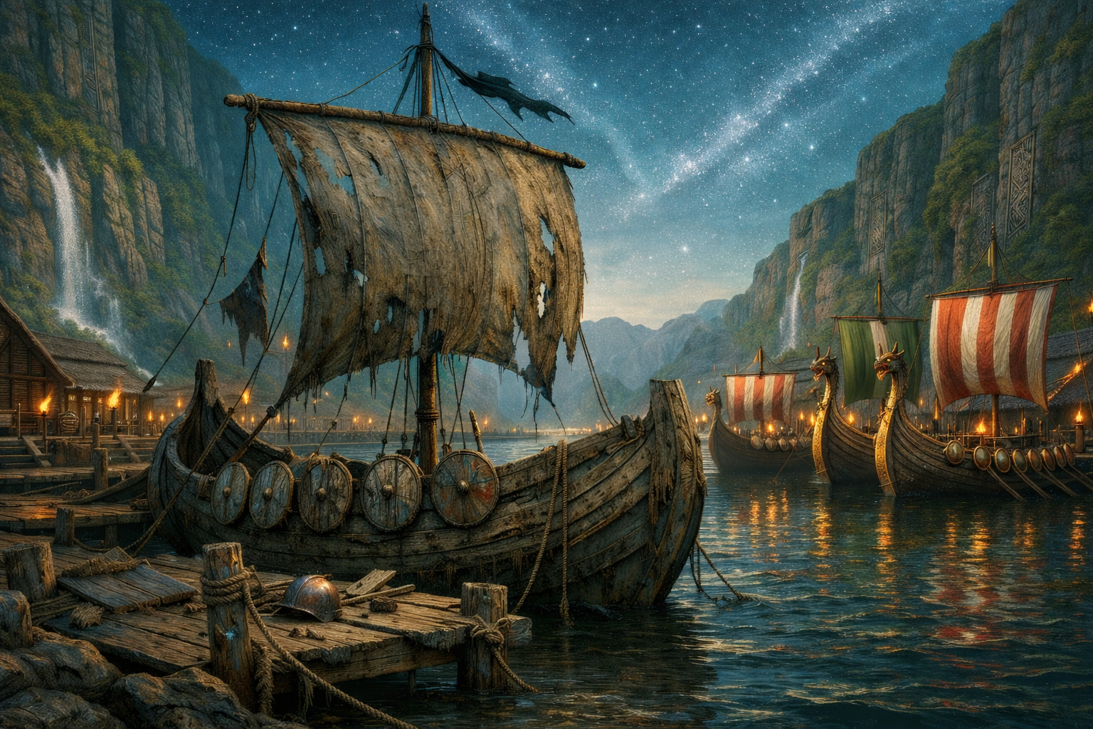A tired old viking longship, broken wood, torn sales, distressed shields, frayed rope, flags with holes and old symbols on them etc. sits in a viking harbour in a picturesque fjord, amongst lots of shiny new longships, gleaming, and ready for battle