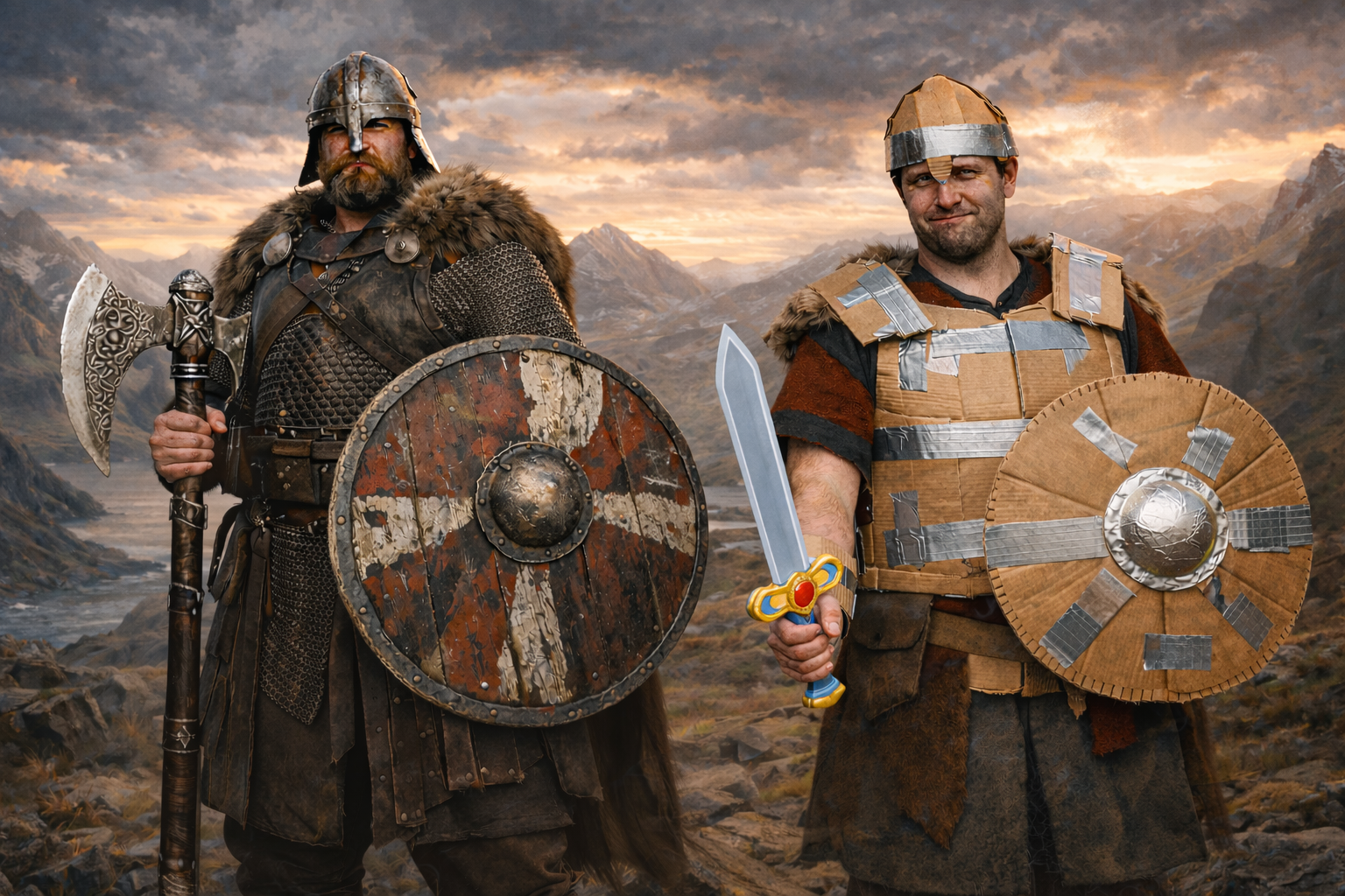 An authentic Viking with a helmet, axe and shield stands beside a fake Viking with a toy sword and armour made from cardboard and tape
