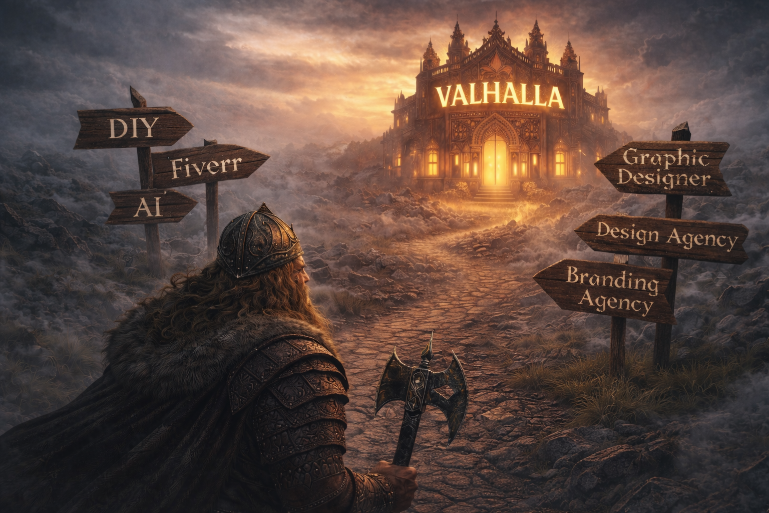 A viking stands with his axe at the beginning of a path looking for a solution to his branding problems. Lots of options are signposted by the wayside but the true path leads to Valhalla