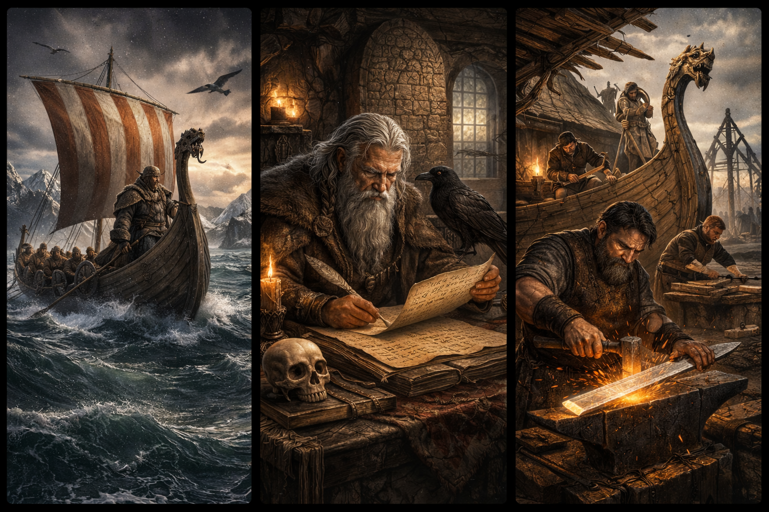 A triptych of Viking images showing a longship sailing on a voyage of discovery, a Viking elder translating some documents, and a Viking blacksmith forging a sword, with craftsmen in the background building a boat
