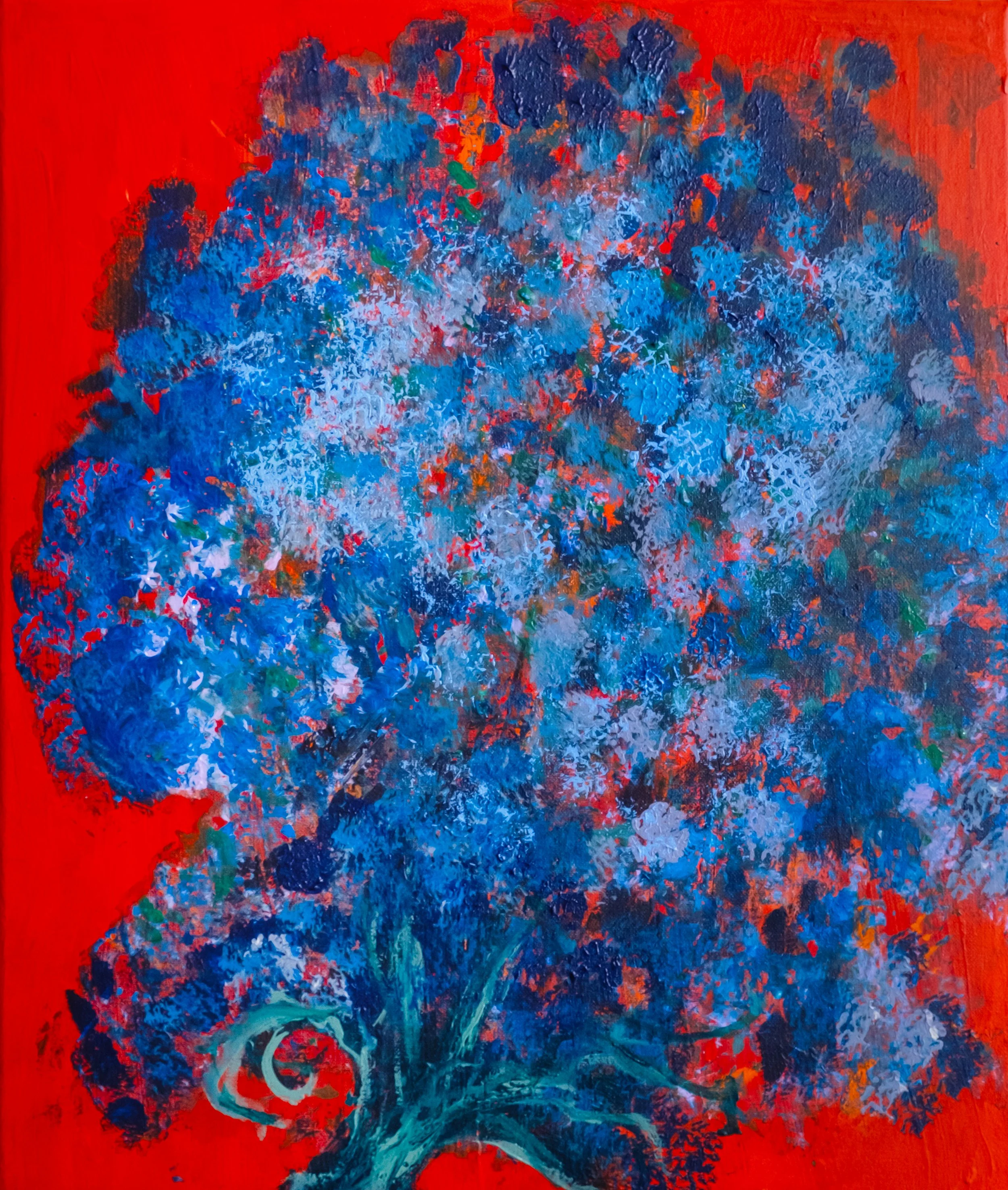 Abstract painting of a blue flower against a red background, with thick brush strokes and textured layers.
