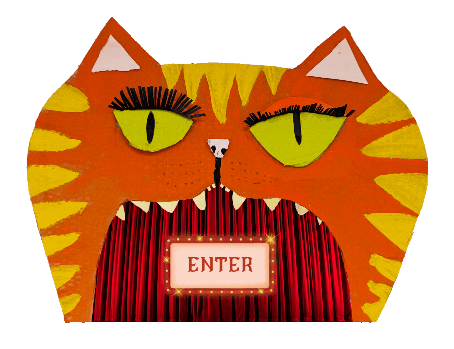 A colorful, cartoon-style tiger face with green eyes, orange fur with yellow stripes, and an open mouth revealing teeth, framing a red circus curtain and an illuminated 'ENTER' sign.