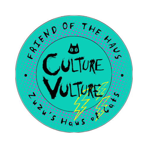 A circular logo with a black background, featuring a teal inner circle and a dotted teal border. The text reads "Friend of the Haus" and "20 of 21" around the border. Inside, it says "Culture Vulture" with a small black cat face and yellow lightning bolts.
