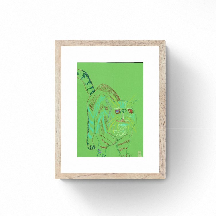 Green Cat - Original Pastel Drawing