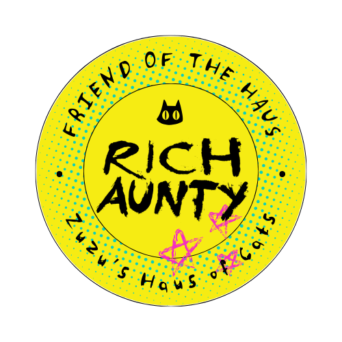 Yellow circle with black cat eyes at the top, surrounded by the words 'Friend of the Haus' repeated three times. Inside the circle, the text 'Rich Aunty' is written in bold black letters, with pink scribbles underneath.