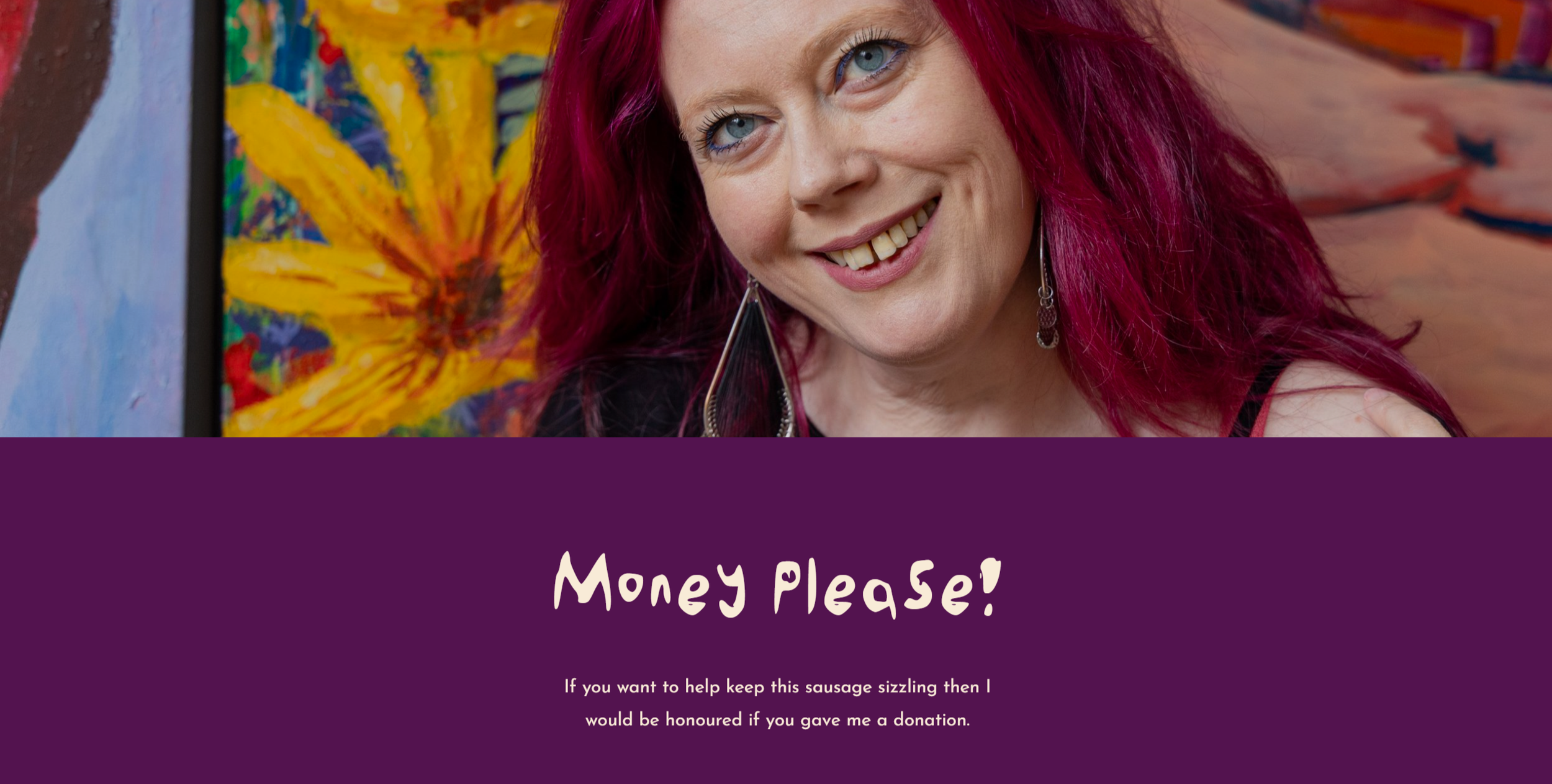 A woman with bright pink hair smiling in front of colorful artwork, with a donation request overlay that says "Money Please!"
