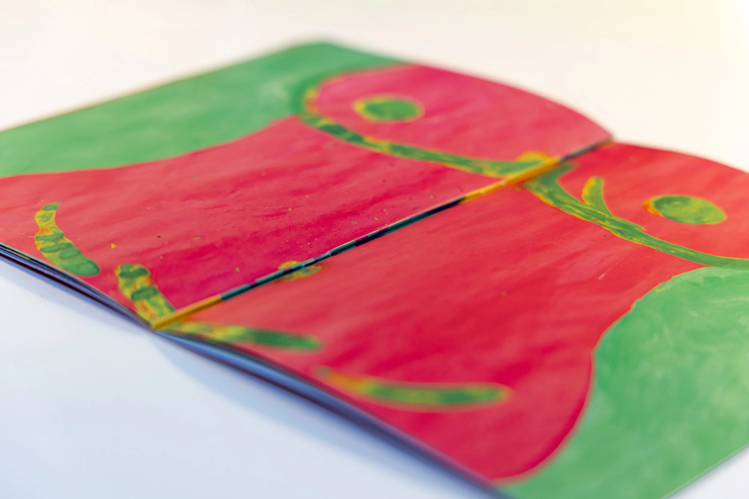 Close-up of a colorful, abstract painting with pink, green, and yellow strokes on an open zine.