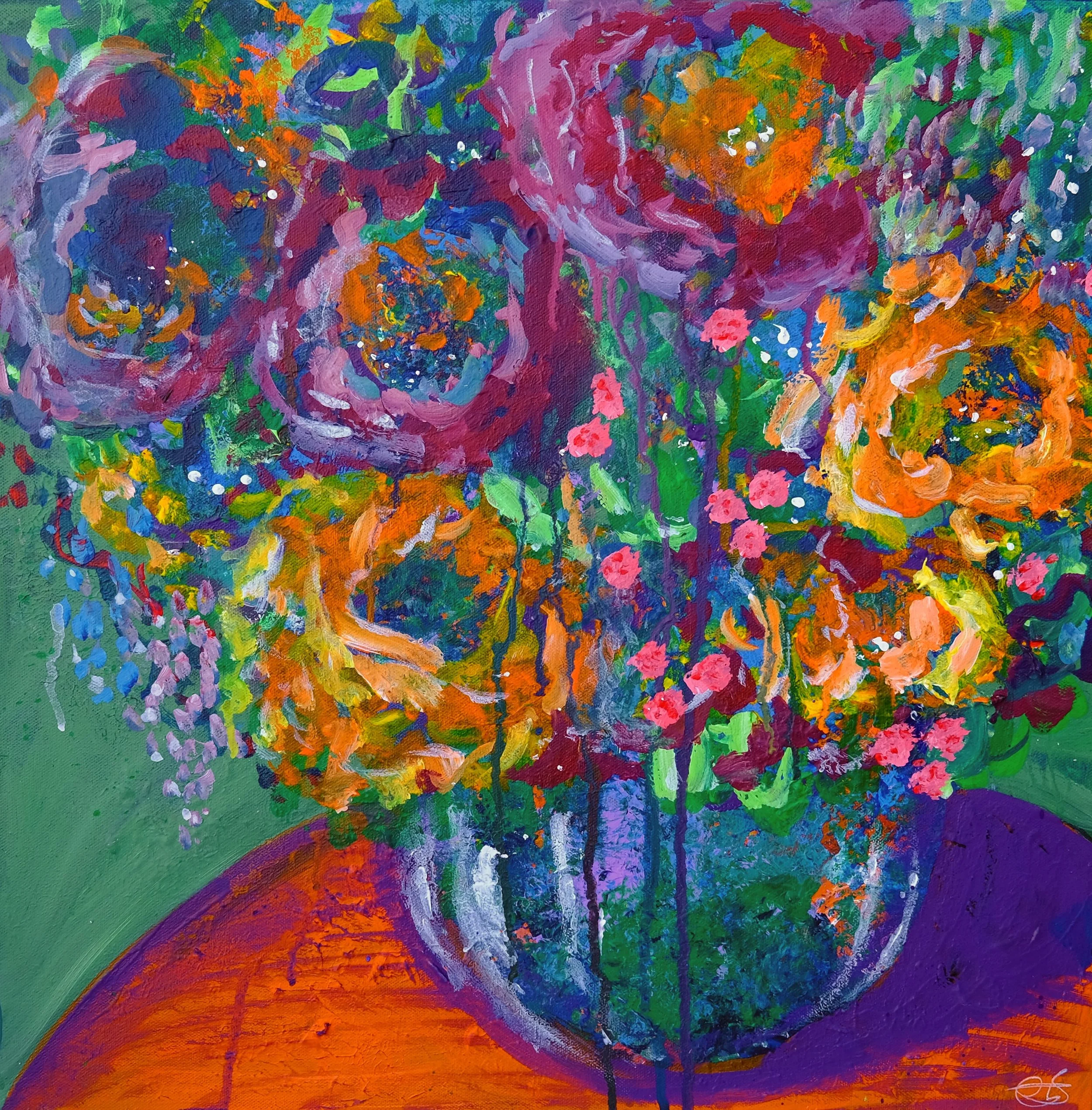 Abstract painting of a vibrant bouquet of multicolored flowers in a vase on a round table.
