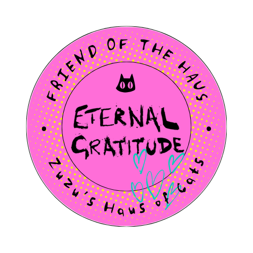 Pink circular design with a black cat face, the words 'Eternal Gratitude' and 'Friends of the Hounds,' and small blue and black hearts, surrounded by yellow dots on a pink background.