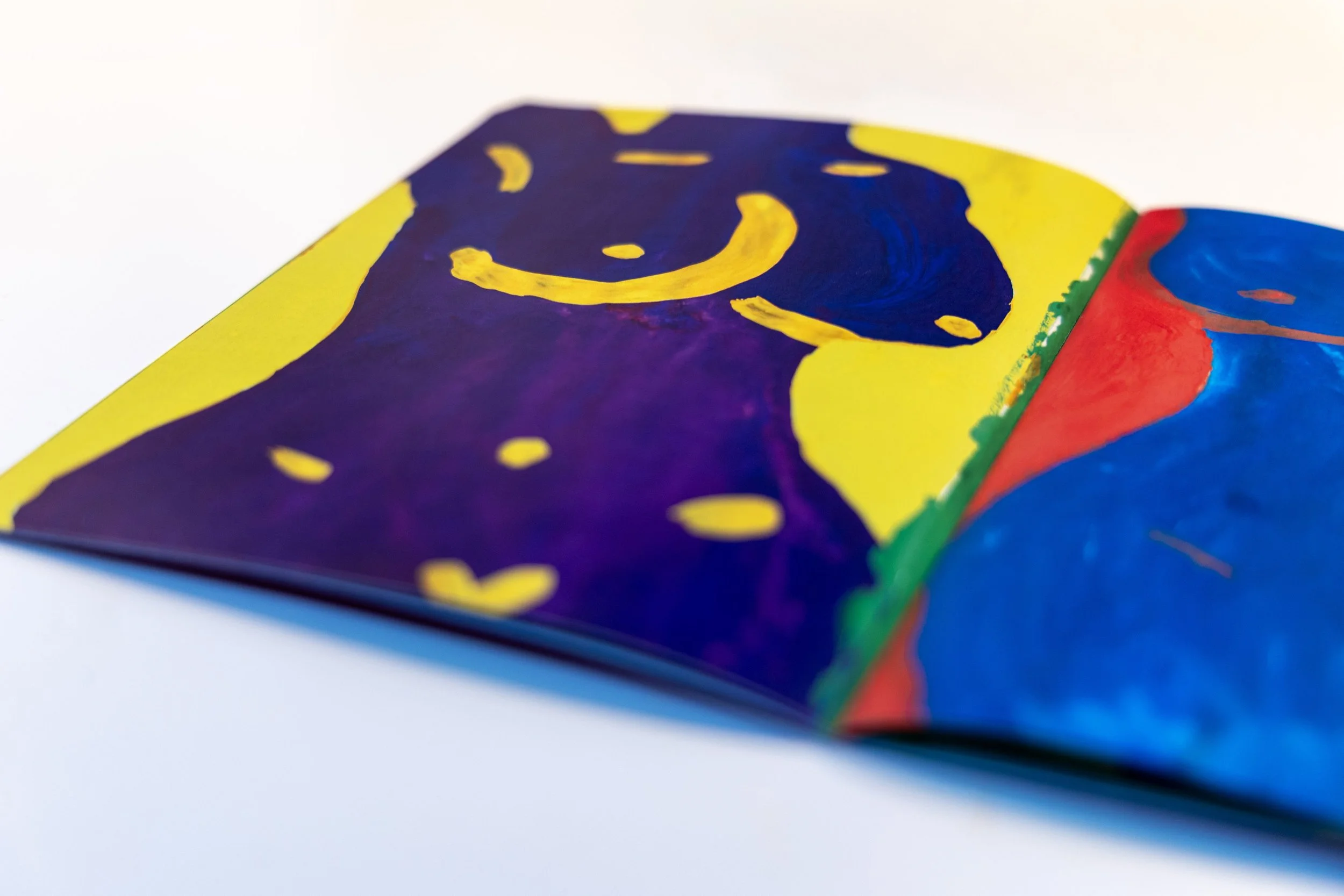 Close-up of an open painted zine with colorful, abstract artwork on pages.