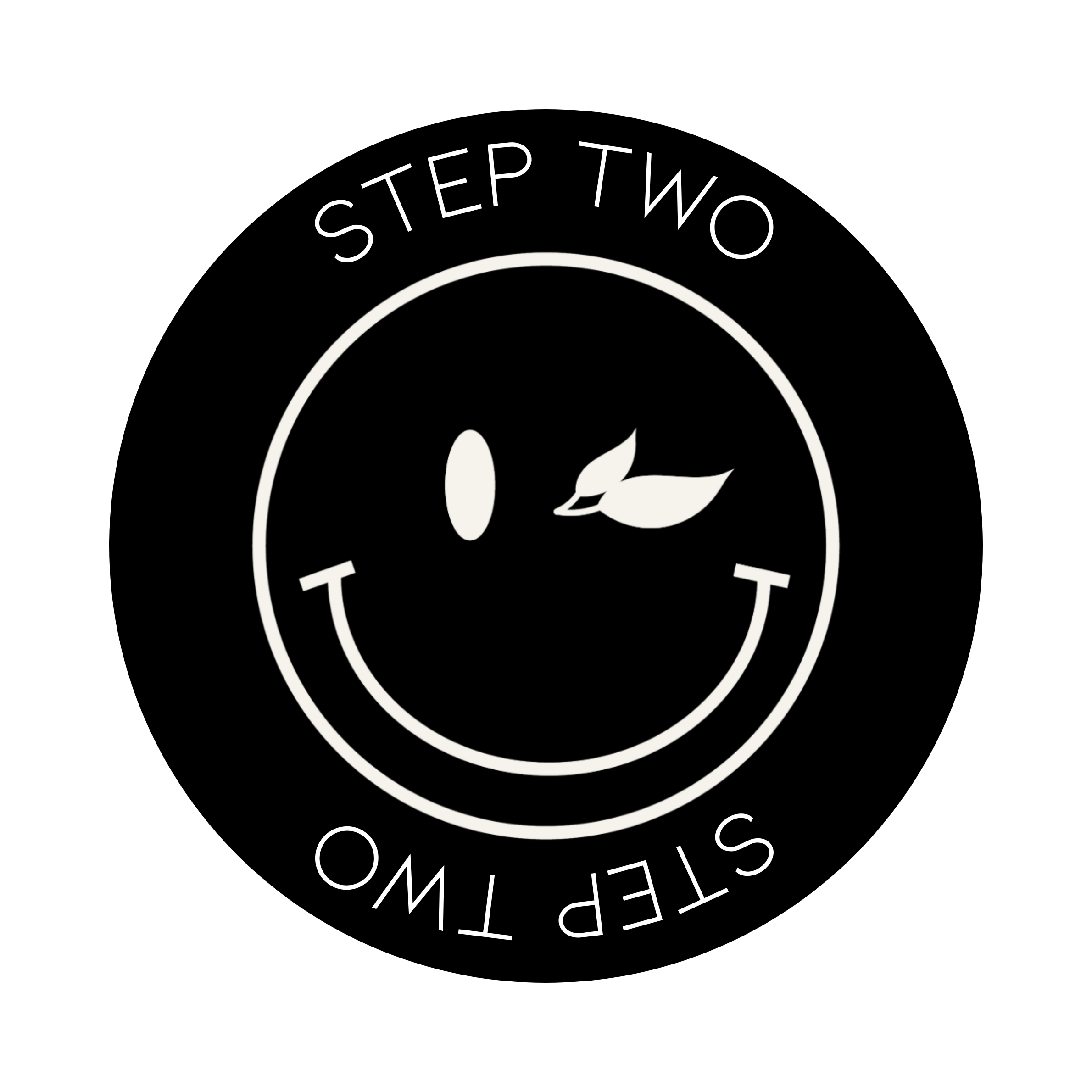 A black background with a white smiley face that has a leaf for one eye, an oval for the other eye, and a curved line for the mouth. Surrounding the face is circular text that reads 'STEP TWO' at the top and 'STEP TWO' at the bottom.