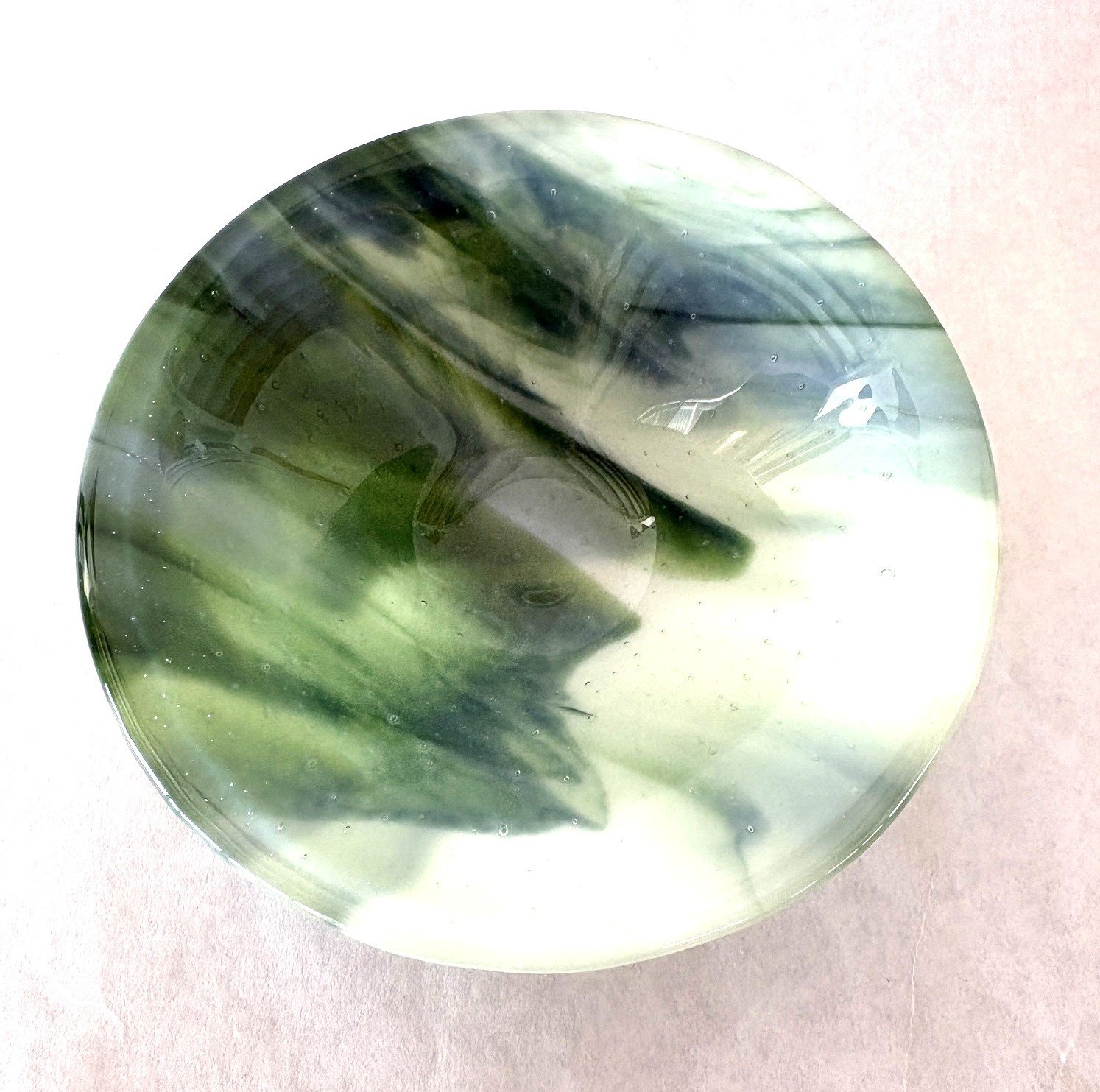 160mm cone bowl, streaky green and white..JPG