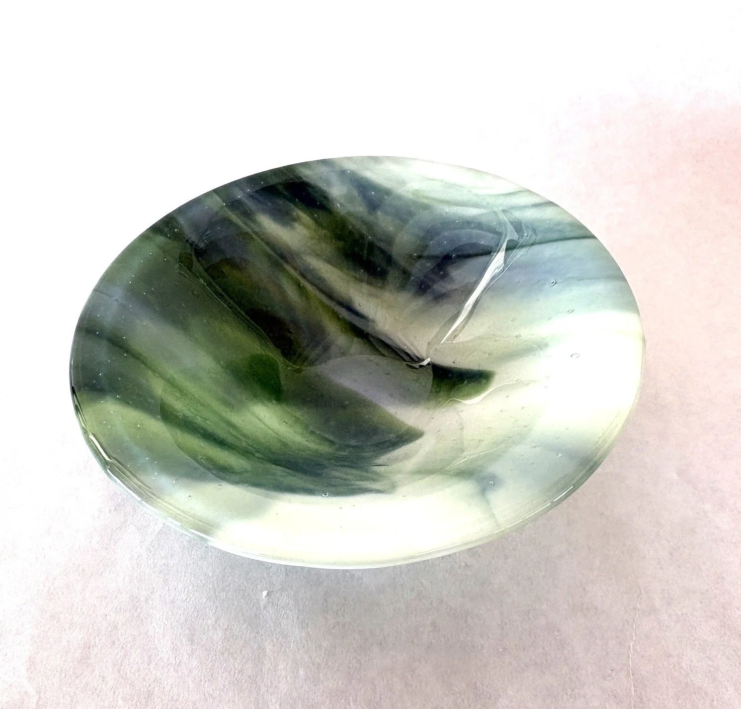 160mm cone bowl, streaky green and white.JPG