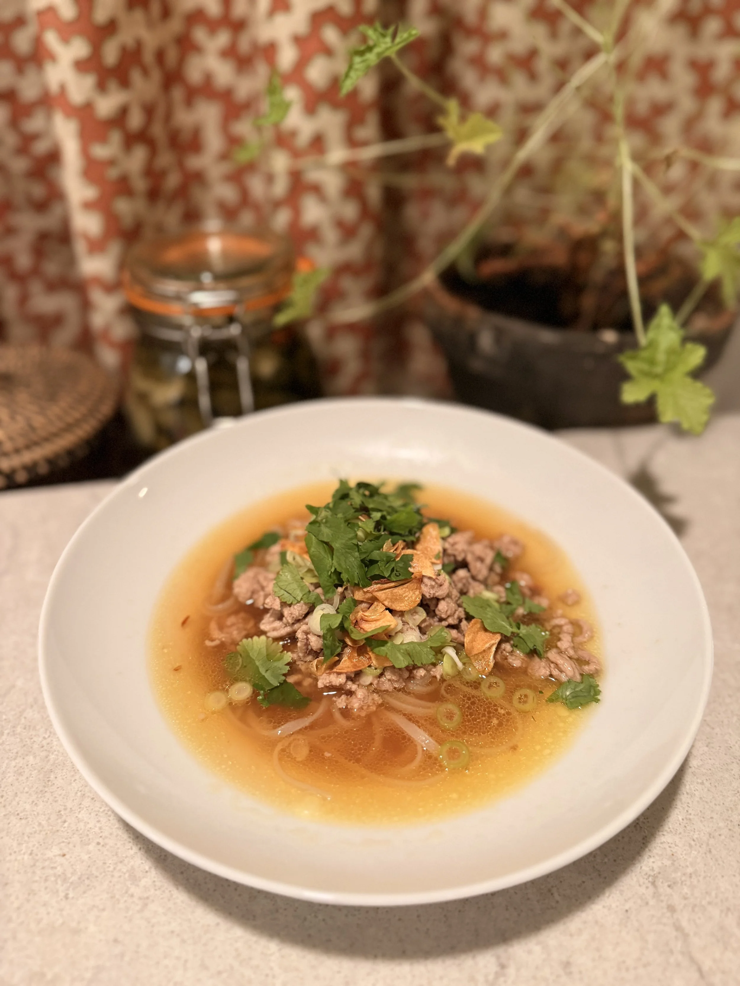 Nudelsuppe med Svin Ingefær og Sprø Hvitløk