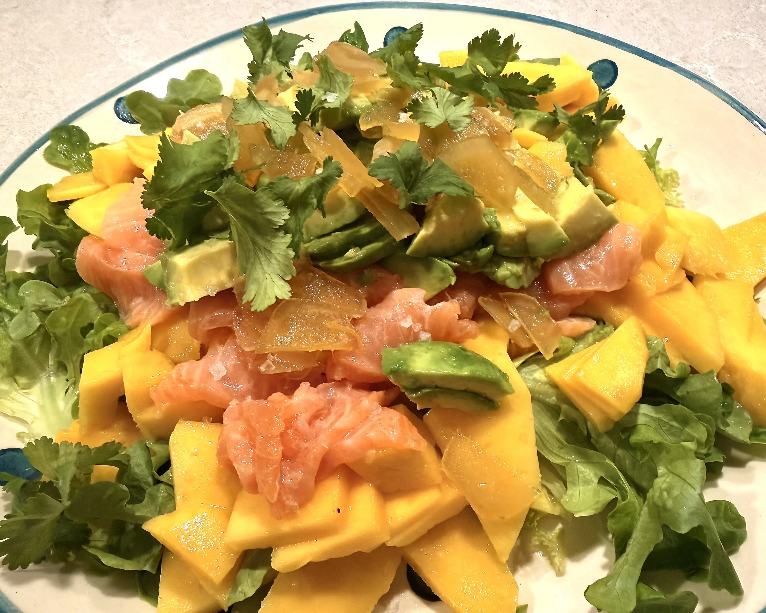Salat med rå Laks Avokado og Mango