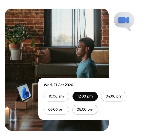 A person using a virtual meeting app on a tablet with a time scheduling overlay, in a room with a brick wall, window, plants, and a couch.