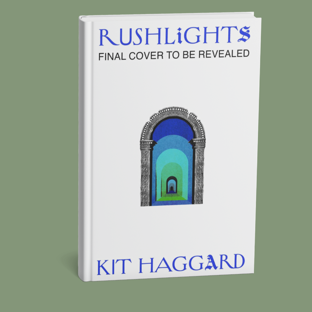 Holding cover for Rushlights, by Kit Haggard, showing a blue and green doorway against a white background.