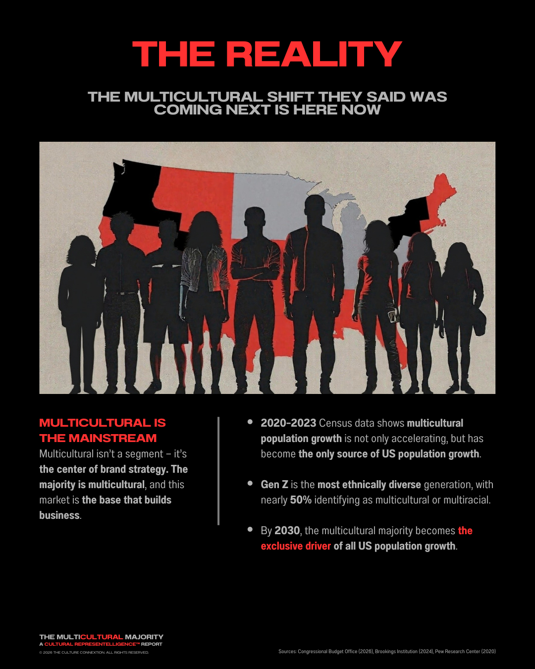 The Reality graphic by THE CULTURE CONNEXTION™ showing US demographic shifts driving the multicultural majority.