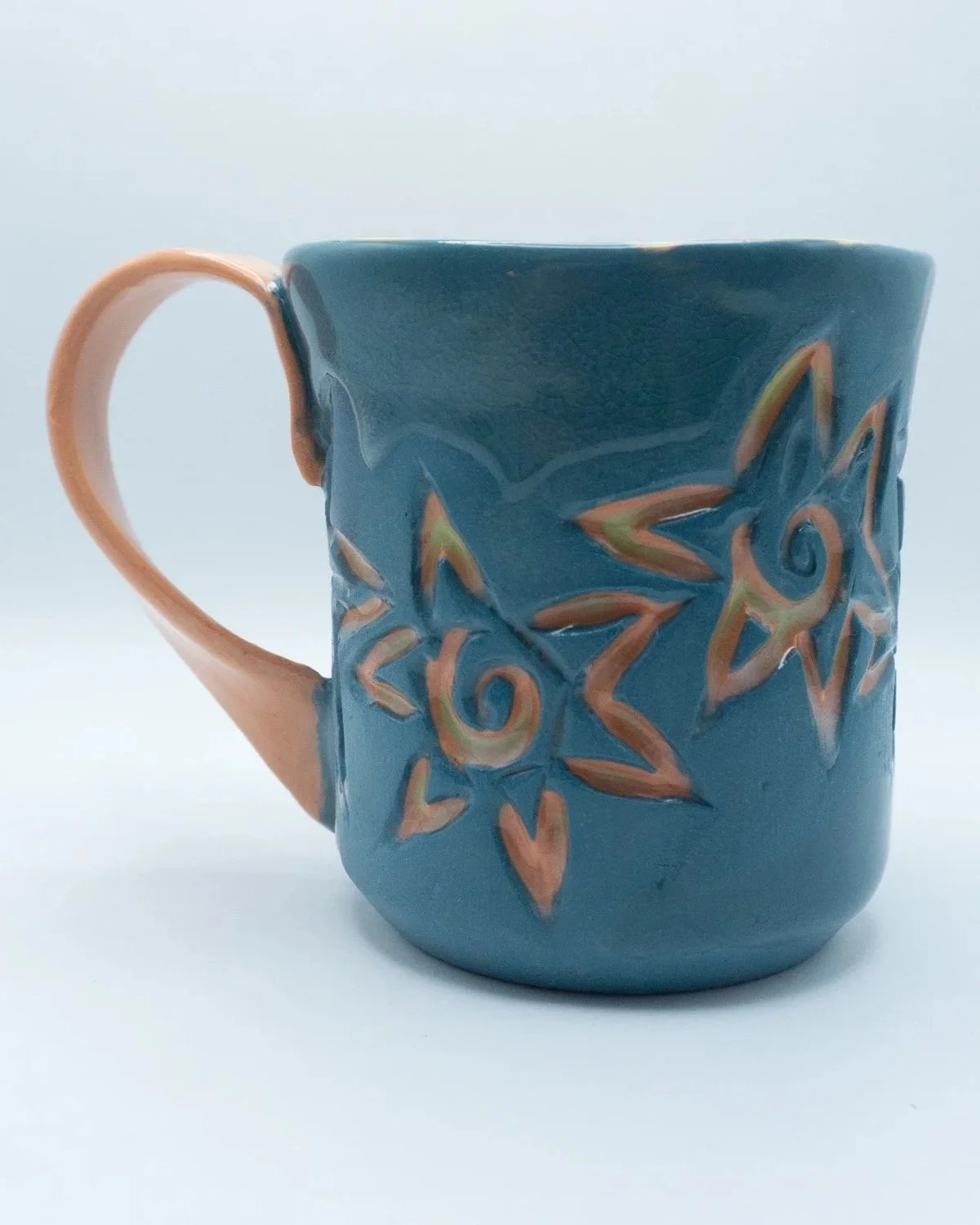 Carved sunflower slipcast mug with green/orange/yellow carvings -2026