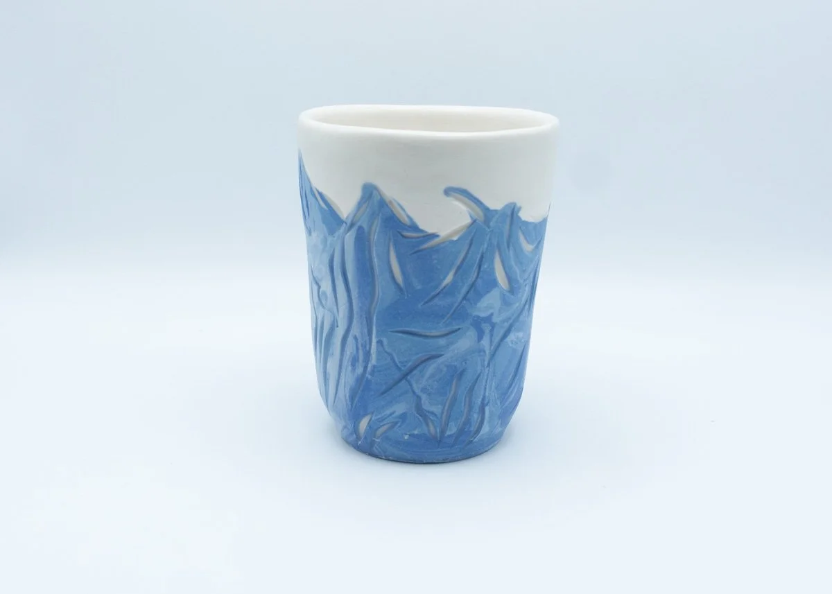 Slipcast cup with marbled and carved waves-2026-3¾"x3"x3"