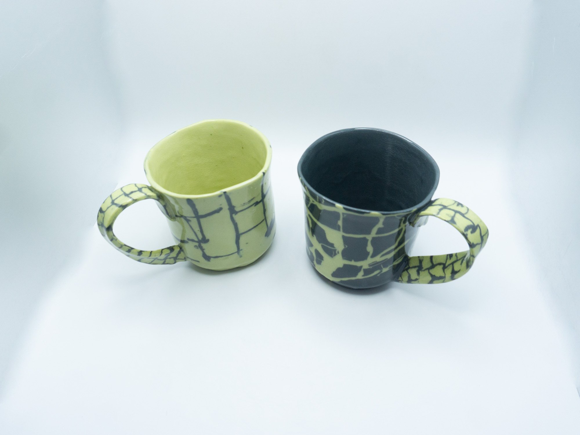 Black and charteuse Slipcast Mugs with Nerikomi handle-2026-[SOLD]