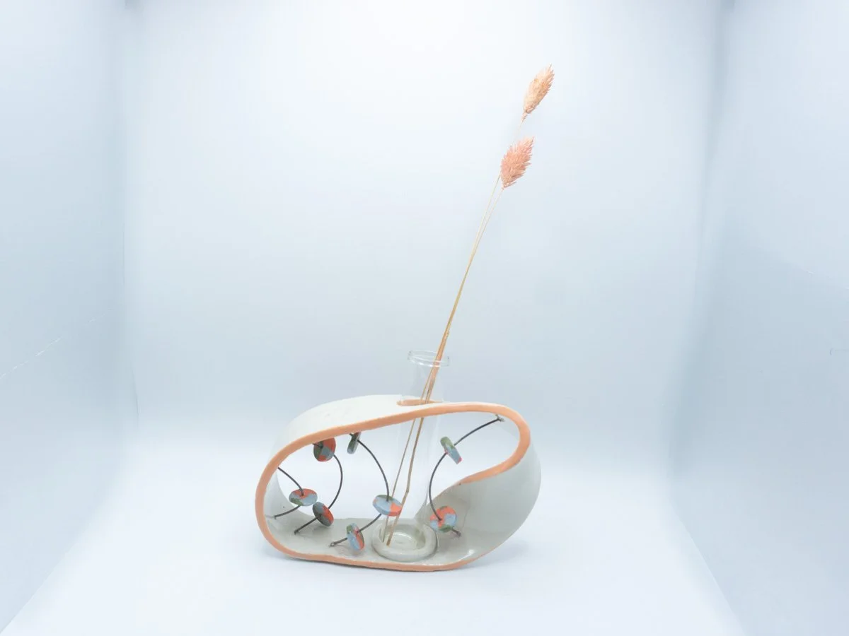 Mobius vase with metal rods and Nerikomi beads inserts-2026-4½"HX7"WX1 ¾"D-[SOLD]
