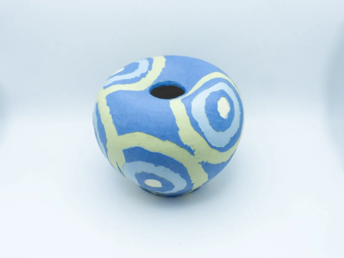 Moon jar with polka dots in blue and chartreuse-2026-5"HX6"WX6"D-NFS