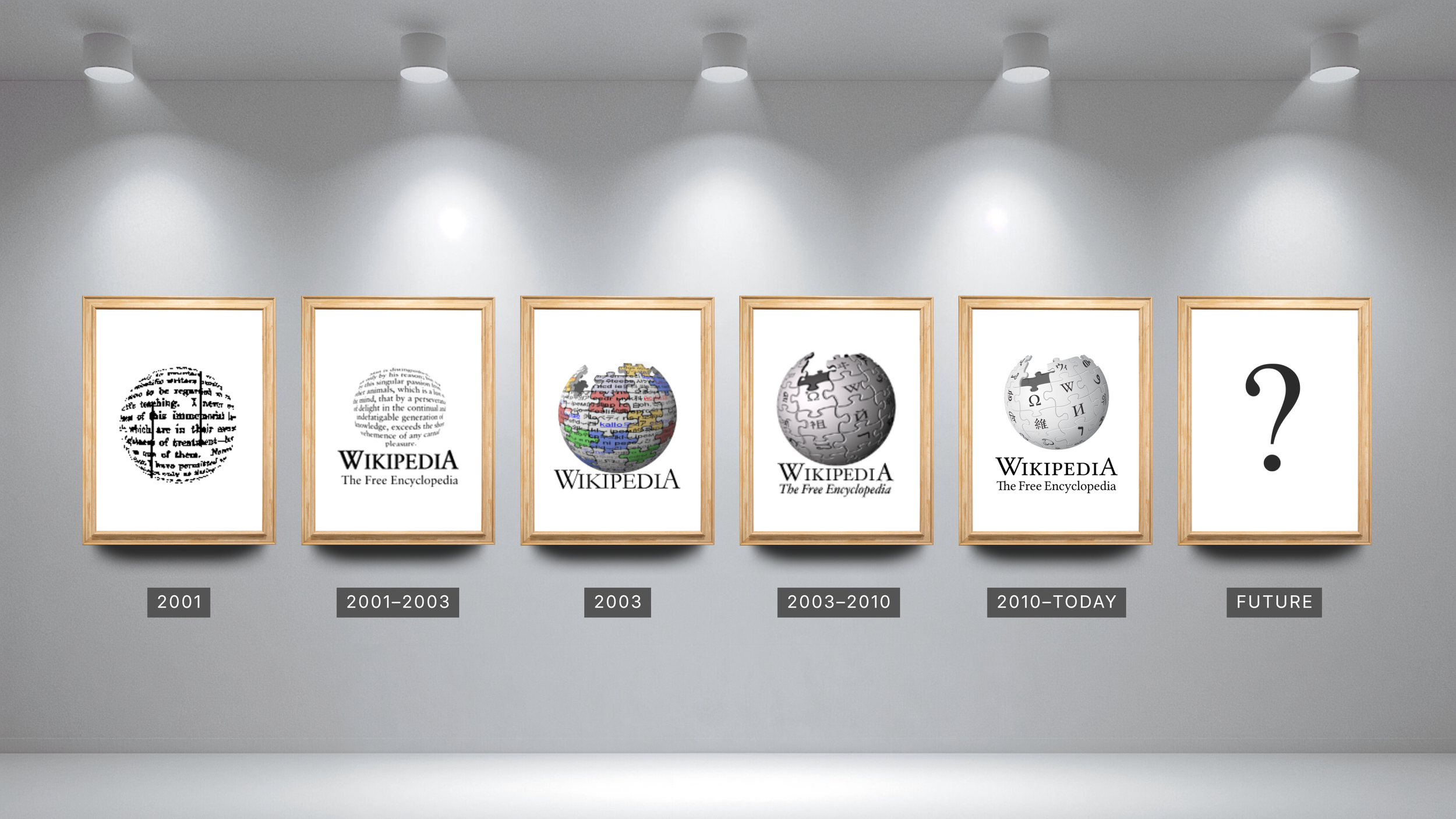 Art gallery showing the evolution of the Wikipedia logo
