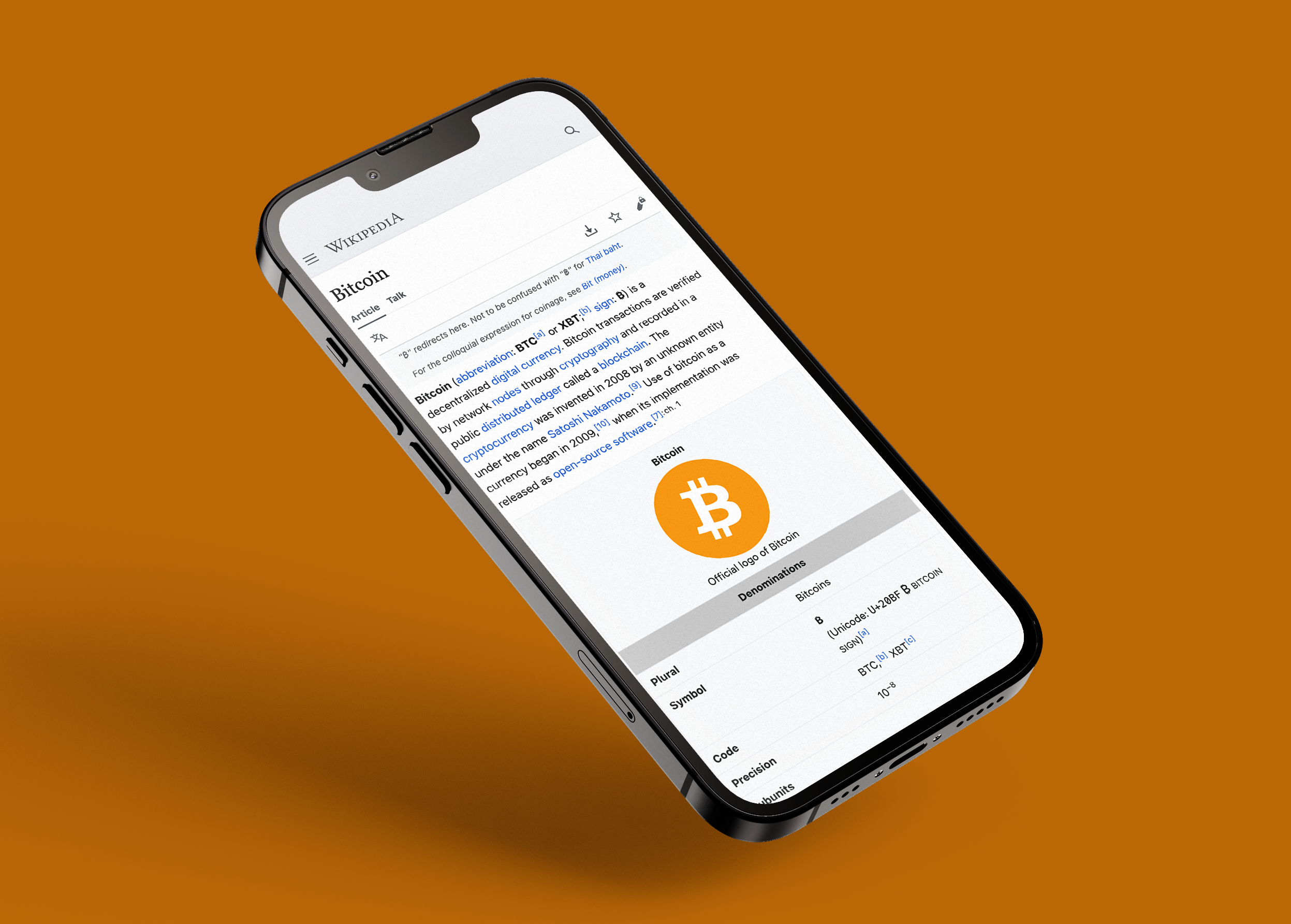 Screenshot of the Wikipedia page on Bitcoin